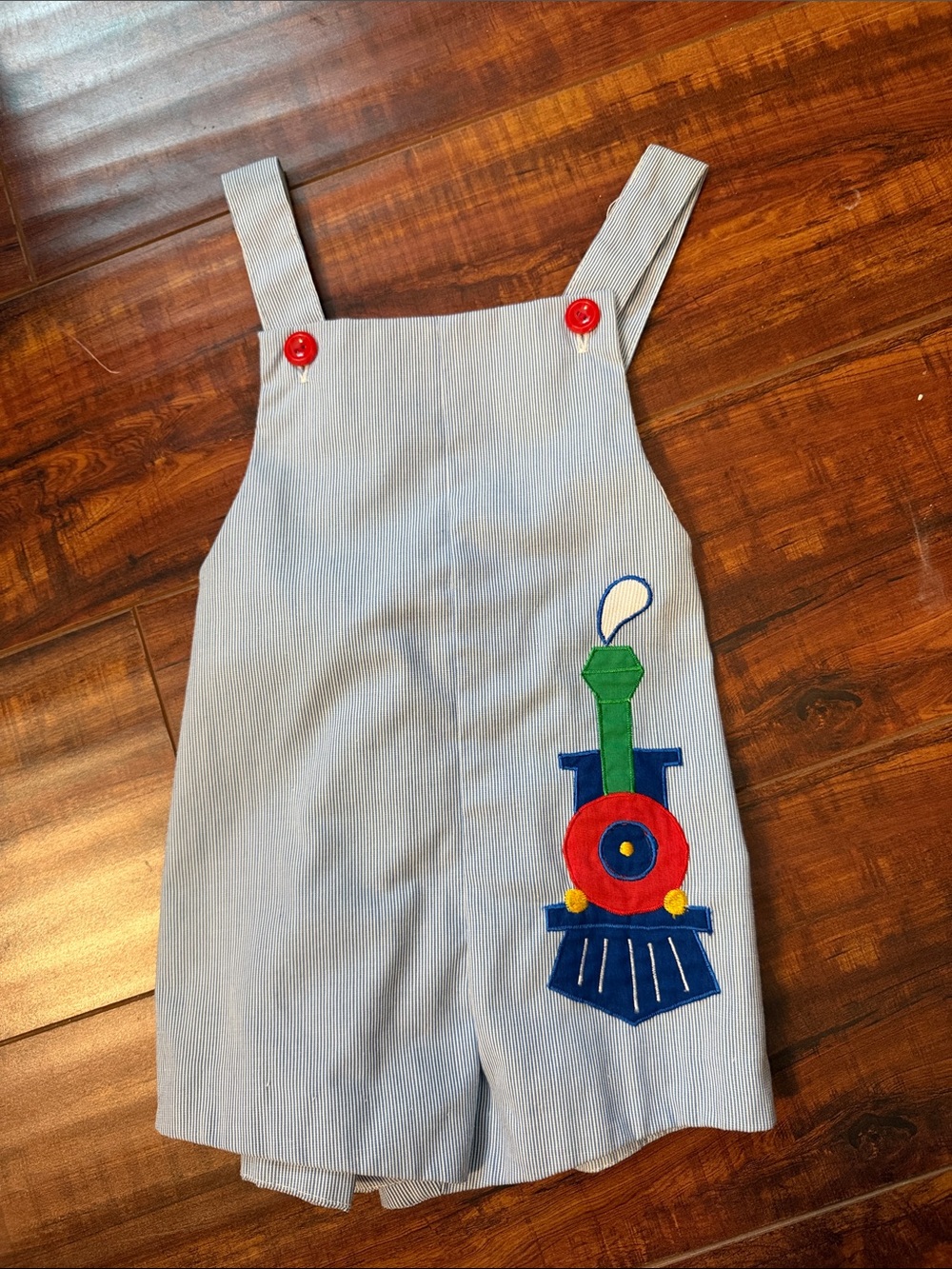 Light Blue Kids Train Applique Shortalls Vintage 3t